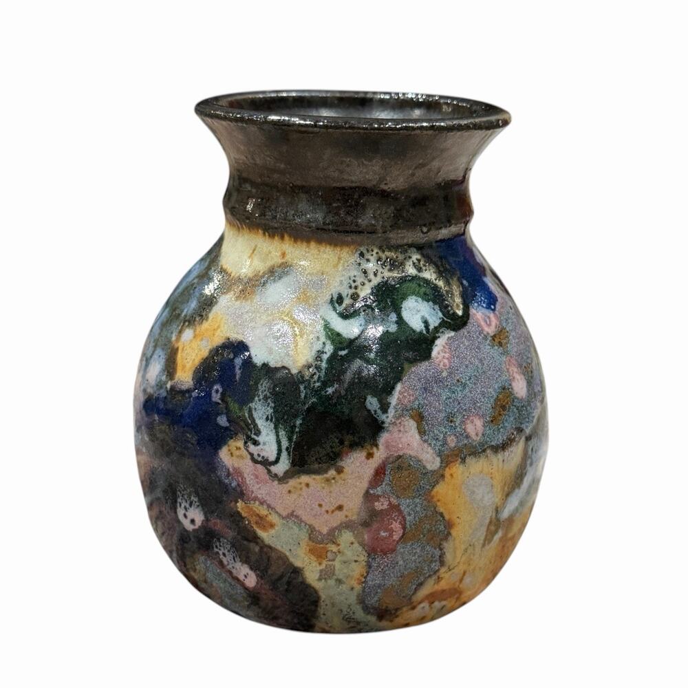 Studio Art Pottery Vase Colorful Textured Stoneware Signed Swirl Glaze 5"